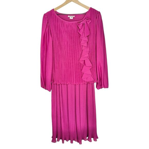 Vintage 80s Discoveries Unlimited Pleated Dress Purple Bow Secretary L XL - Picture 1 of 8